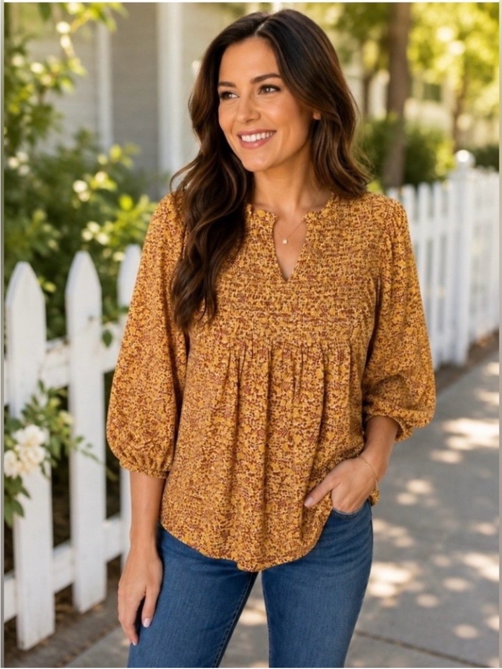 Universal Thread Floral Smocked Balloon Sleeve Top Lrg Yellow Orange Boho Blouse